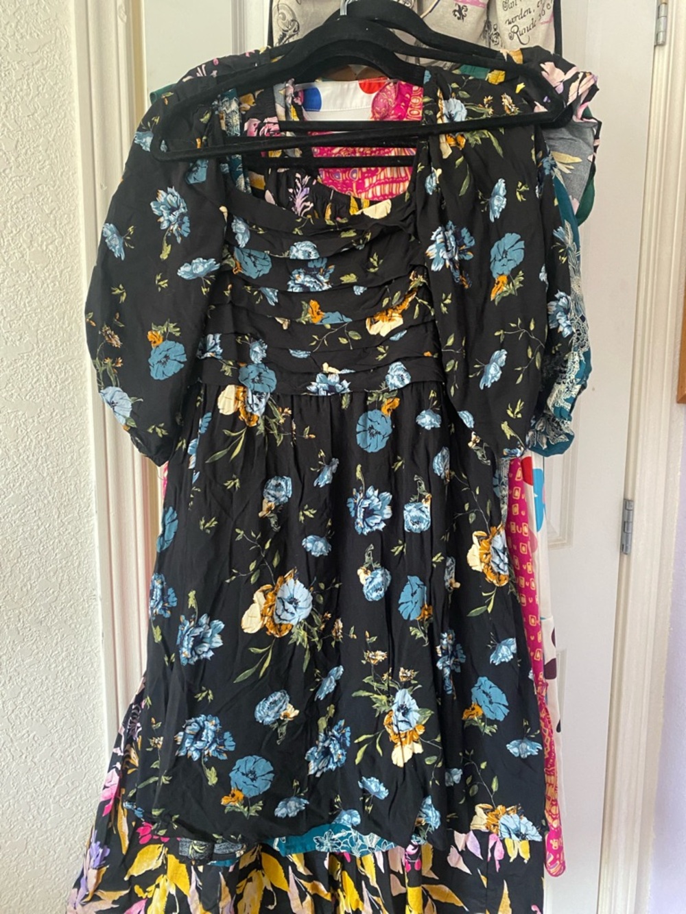 Maurice’s Black Floral Puff Sleeve Dress with Blue & Yellow Blooms XL